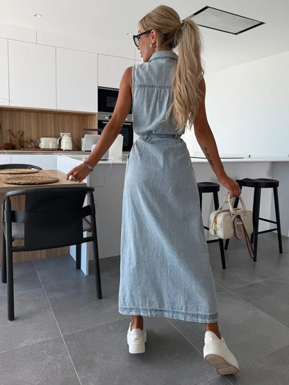 Sanne | Maxi Denim Jurk met Tijdloze Elegantie