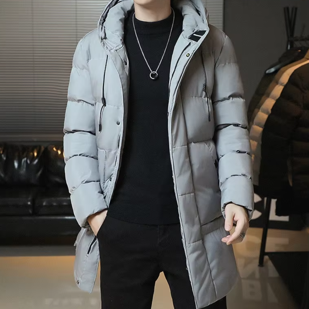 Stijlvolle lange winterjas van hoogwaardige stof, comfortabel en warm