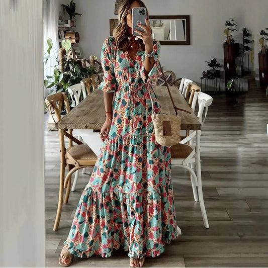 Liora | V-Hals Zomerprint Maxi Jurk