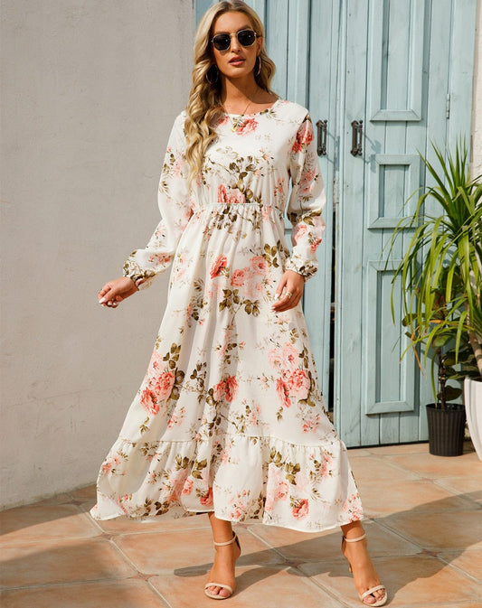 Julia | Witte Lange Mouwen Maxi Jurk Met Zomerse Bloemenprint